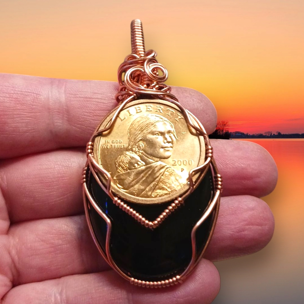 Artisan Copper Wire Wrap 2000 Sacagawea Dollar Pendant with Black Onyx